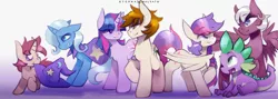 Size: 1500x534 | Tagged: safe, artist:foxinshadow, derpibooru import, spike, trixie, twilight sparkle, oc, oc:ben parker sparkle, oc:mayday parker sparkle, pony, unicorn, :t, bedroom eyes, crossover, crossover shipping, earring, eye contact, family, floppy ears, fluffy, glare, grin, may parker, mouth hold, nom, offspring, open mouth, parent:peter parker, parent:twilight sparkle, parents:spidertwi, peter parker, piercing, raised hoof, shipping, smiling, spider-man, spiders and magic ii: eleven months, spiders and magic iii: days of friendship past, spiders and magic iv: the fall of spider-mane, spiders and magic: rise of spider-mane, spidertwi