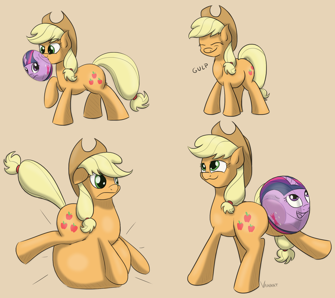 Size: 1973x1755 | Tagged: applejack, artist:variant, belly, bubblegum, comic, derpibooru import, fart, fart fetish, fetish, full tour, inflation, plot, predajack, preylight, questionable, swallowing, throat bulge, transformation, twident gum, twilight sparkle, vore