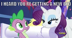 Size: 844x457 | Tagged: safe, derpibooru import, edit, edited screencap, screencap, rarity, spike, dragon, pony, unicorn, castle sweet castle, bedroom eyes, caption, discovery family logo, female, image macro, male, mare, meme, rarity's bad pickup lines, shipping, sparity, straight, sweat