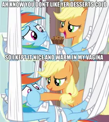 Size: 895x1000 | Tagged: applejack, caption, derpibooru import, edit, edited screencap, force feeding, hoof in mouth, hoofjack, hooves, hospital, image macro, meme, rainbow dash, rainbow falls, screencap, suggestive