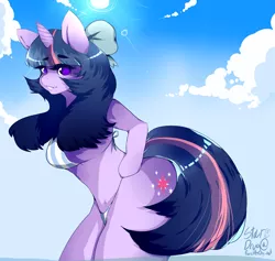 Size: 3609x3423 | Tagged: safe, artist:stardrug, artist:stardrugg, derpibooru import, twilight sparkle, anthro, unicorn, arm hooves, beach, bedroom eyes, bicolor swimsuit, bikini, blue swimsuit, bow, clothes, cloud, cute, cutie mark, female, grin, hair bow, looking at you, pinup, pixiv, signature, sky, smiling, solo, string bikini, striped swimsuit, swimsuit, unicorn twilight, white swimsuit, wingless, wingless anthro