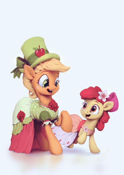 Size: 850x1200 | Tagged: safe, artist:assasinmonkey, derpibooru import, apple bloom, applejack, earth pony, pony, make new friends but keep discord, adorabloom, applebetes, clothes, cute, detailed, dress, eye contact, flower, flower in hair, gala dress, hat, jackabetes, looking at each other, open mouth, raised hoof, running, sisters, smiling
