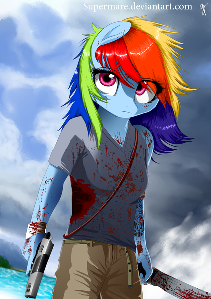 Size: 2052x2900 | Tagged: anthro, artist:supermare, blood, derpibooru import, far cry, far cry 3, gun, handgun, jason brody, machete, pistol, rainbow dash, semi-grimdark, solo, tattoo