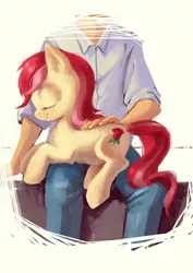 Size: 636x900 | Tagged: safe, artist:lis-alis, derpibooru import, roseluck, earth pony, human, pony, behaving like a cat, cute, eyes closed, female, fluffy, mare, petting, prone, sitting, smiling