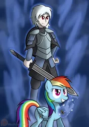 Size: 1400x2000 | Tagged: andraste, artist:xain-russell, chariot arcana, derpibooru import, fanfic art, persona, persona: the harmony arcana, rainbow dash, safe, sword, tarot card