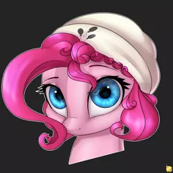 Size: 2400x2400 | Tagged: safe, artist:captainpudgemuffin, derpibooru import, pinkie pie, pony, beanie, black background, captainpudgemuffin is trying to murder us, cheek fluff, cute, diapinkes, female, hat, head only, looking at you, mare, portrait, simple background, solo