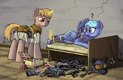 Size: 1252x814 | Tagged: source needed, safe, artist:nukechaser, derpibooru import, oc, unofficial characters only, pegasus, pony, unicorn, fallout equestria, fanfic, armor, bandage, battle saddle, bed, blood, crutches, doctor, duo, enclave, enclave armor, energy weapon, fallout, fanfic art, female, first aid kit, glowing horn, grand pegasus enclave, gun, healing potion, health potion, hooves, horn, injured, lying down, magic, magical energy weapon, male, mare, medkit, ministry of peace, potion, power armor, powered exoskeleton, pulse rifle, splint, spread wings, stallion, standing, stimpack, syringe, telekinesis, weapon, wings