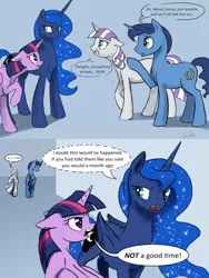 Size: 1280x1706 | Tagged: safe, artist:silfoe, derpibooru import, night light, princess luna, twilight sparkle, twilight sparkle (alicorn), twilight velvet, alicorn, pony, royal sketchbook, annoyed, comic, eye contact, female, floppy ears, glare, gritted teeth, lesbian, lip bite, mare, nervous, open mouth, raised hoof, shipping, speech bubble, twiluna, unamused