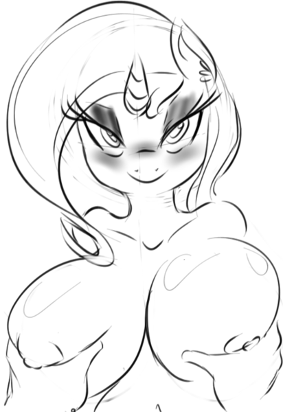 Size: 516x752 | Tagged: anthro, artist:zev, big breasts, blushing, breast grab, breasts, busty trixie, derpibooru import, disembodied hand, female, fondling, grayscale, grope, huge breasts, monochrome, nudity, pov, questionable, smiling, trixie