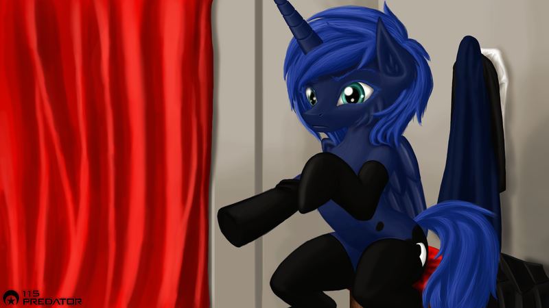 Size: 1920x1080 | Tagged: artist:tsaritsaluna, clothes, derpibooru import, dressing, dressing room, princess luna, safe, sitting, socks, solo