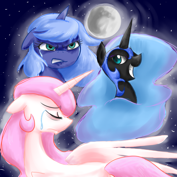 Size: 1250x1250 | Tagged: artist:tails232323, crying, derpibooru import, duality, eyes closed, floppy ears, grin, gritted teeth, lullaby for a princess, moon, nightmare moon, princess celestia, princess luna, s1 luna, safe