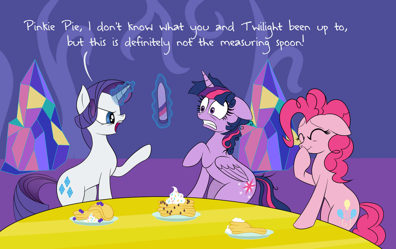 Size: 1280x807 | Tagged: questionable, artist:drakxs, derpibooru import, pinkie pie, rarity, twilight sparkle, twilight sparkle (alicorn), alicorn, pony, castle sweet castle, comic, dialogue, dildo, eyes closed, female, floppy ears, frown, glare, gritted teeth, lesbian, magic, mare, messy mane, open mouth, pancakes, raised hoof, scene parody, sex toy, shipping, table, telekinesis, twinkie, wide eyes