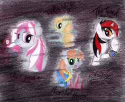 Size: 1024x840 | Tagged: semi-grimdark, artist:thechrispony, derpibooru import, oc, oc:blackjack, oc:hired gun, oc:littlepip, oc:murky, unofficial characters only, pony, unicorn, fallout equestria, fallout equestria: heroes, fallout equestria: murky number seven, fallout equestria: project horizons, fanfic, clothes, darkness, fanfic art, fear, female, hooves, horn, mare, open mouth, pipbuck, teeth, traditional art, vault suit