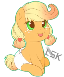 Size: 1024x1229 | Tagged: safe, artist:sofilut, derpibooru import, applejack, pony, baby, baby pony, babyjack, cute, diaper, jackabetes, simple background, solo, tongue out, transparent background