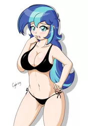 Size: 4565x6509 | Tagged: absurd resolution, alumna gleaming shield, artist:thebrokencog, bedroom eyes, belly button, bikini, blushing, breasts, busty gleaming shield, cleavage, clothes, derpibooru import, female, gleaming shield, human, humanized, rule 63, shining armor, simple background, solo, solo female, suggestive, swimsuit, white background