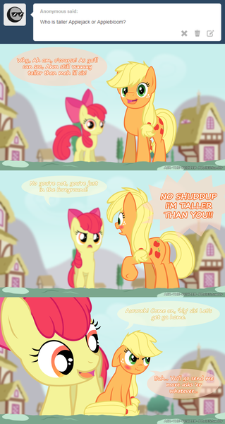 Size: 1280x2408 | Tagged: apple bloom, applejack, appletini, artist:pegachess, ask the resized ponies, derpibooru import, forced perspective, lies, micro, perspective, safe, tumblr