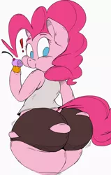 Size: 1222x1920 | Tagged: anthro, artist:purple-yoshi-draws, ass, balloonbutt, butt expansion, clothes, cupcake, derpibooru import, edit, large butt, pinkie pie, plump, solo, suggestive, the ass was fat, torn clothes, wardrobe malfunction