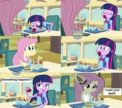 Size: 901x798 | Tagged: safe, derpibooru import, edit, carla jr., fluttershy, twilight sparkle, equestria girls, background human, comic, comic strip, engrish, flutterbat, meme, screencap comic