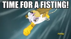 Size: 900x500 | Tagged: suggestive, derpibooru import, edit, edited screencap, screencap, gilda, gryphon, the lost treasure of griffonstone, caption, discovery family logo, falling, hard hat, hat, image macro, implied fisting, meme, rope, solo