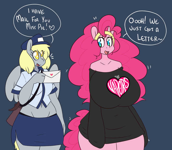 Size: 1280x1120 | Tagged: anthro, artist:somescrub, belly button, blues clues, breasts, busty derpy hooves, busty pinkie pie, clothes, derpibooru import, derpy hooves, dialogue, female, headband, hugtastic pinkie pie, letter, mailmare, midriff, pinkie pie, reference, shirt, simple background, suggestive, the vapors, tumblr, uniform