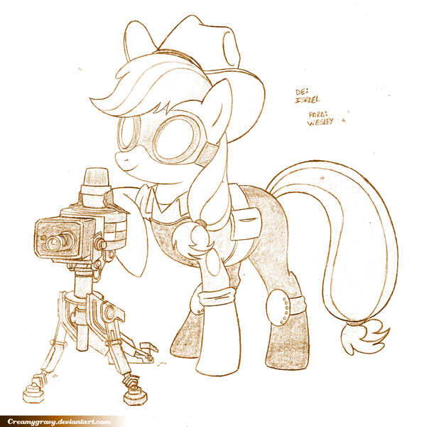 Size: 1780x1788 | Tagged: applejack, artist:creamygravy, derpibooru import, engineer, mini-sentry gun, monochrome, safe, sentry gun, team fortress 2