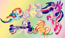 Size: 1024x604 | Tagged: safe, artist:chiuuchiuu, derpibooru import, applejack, fluttershy, pinkie pie, rainbow dash, rarity, twilight sparkle, twilight sparkle (alicorn), alicorn, pony, female, mane six, mare, rainbow power