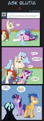 Size: 539x1482 | Tagged: safe, artist:icesticker, derpibooru import, flash sentry, kibitz, princess cadance, princess celestia, princess luna, twilight sparkle, twilight sparkle (alicorn), alicorn, pony, askblutia, backwards cutie mark, blutia, female, filly, mare, sleeping, snoring, woona