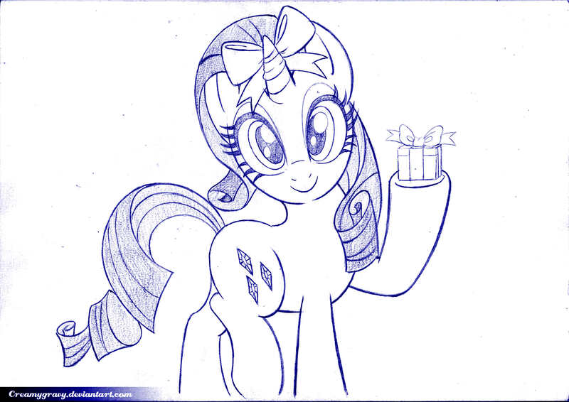 Size: 2000x1414 | Tagged: safe, artist:creamygravy, derpibooru import, rarity, lineart, monochrome, present, ribbon, solo