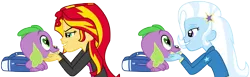 Size: 6691x2051 | Tagged: safe, artist:titanium-pony, derpibooru import, spike, sunset shimmer, trixie, dog, equestria girls, absurd resolution, backpack, bedroom eyes, eye contact, female, grin, heart eyes, love, lucky bastard, male, petting, shipping, simple background, smiling, spike the dog, spikelove, spixie, straight, sunsetspike, transparent background, vector, wingding eyes