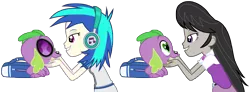 Size: 6081x2231 | Tagged: safe, artist:titanium-pony, derpibooru import, octavia melody, spike, vinyl scratch, dog, equestria girls, absurd resolution, accessory swap, backpack, bedroom eyes, eye contact, female, grin, headphones, heart eyes, love, lucky bastard, male, petting, shipping, simple background, smiling, spike the dog, spikelove, spiketavia, straight, transparent background, vector, vinylspike, wingding eyes