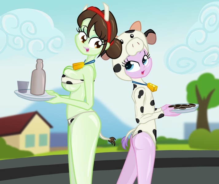 Size: 1141x960 | Tagged: suggestive, artist:ohohokapi, deleted from derpibooru, derpibooru import, diamond tiara, sophisticata, cow, equestria girls, animal costume, background human, bell, big breasts, breasts, busty sophisticata, clothes, cookie, cowbell, cowprint, female, females only, tray