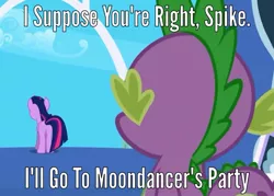 Size: 1004x719 | Tagged: alternate scenario, alternate universe, amending fences, derpibooru import, edit, edited screencap, eyes on the prize, friendship is magic, hilarious in hindsight, image macro, meme, moondancer, safe, screencap, spike, twilight's canterlot home, twilight sparkle, what could have been