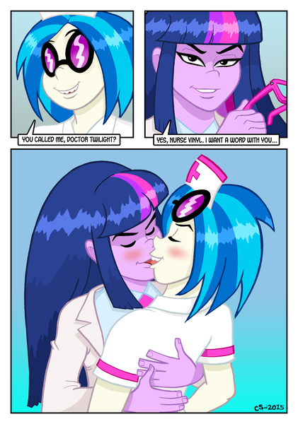 Size: 900x1282 | Tagged: suggestive, artist:curtsibling, derpibooru import, twilight sparkle, vinyl scratch, equestria girls, blushing, comic, female, french kiss, kissing, lesbian, nurse, removing glasses, shipping, vinylight