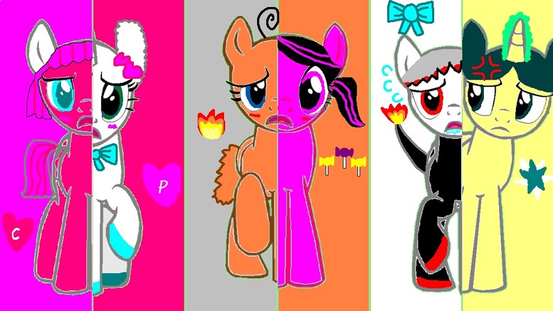 Size: 1024x576 | Tagged: artist:tamagosqueeze, cutie mark swap, derpibooru import, drool, lovelitchi, oc, oc:betrayus, oc:cylindria, oc:mametchi, oc:memetchi, oh shit, pinky, ponified, safe, swapped cutie marks, sweatdrop, unofficial characters only, what my cutie mark is telling me