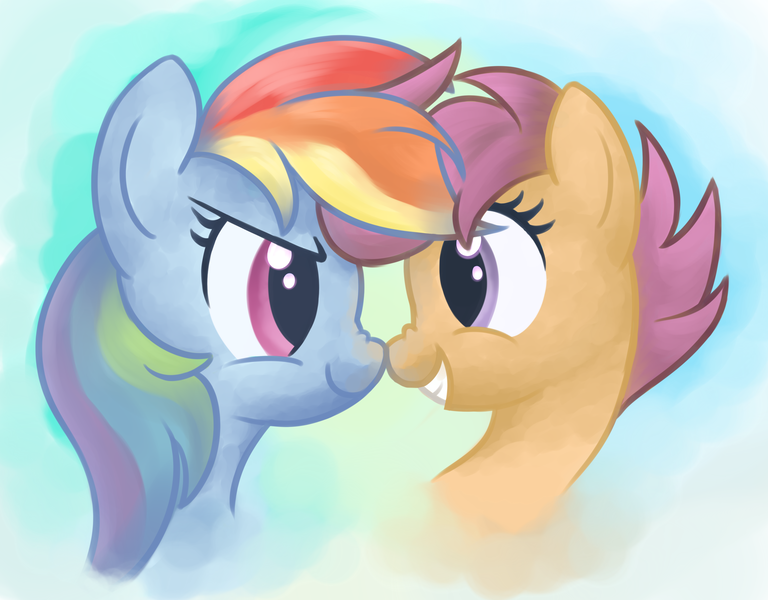 Size: 3200x2500 | Tagged: safe, artist:zapplebow, derpibooru import, rainbow dash, scootaloo, pegasus, pony, boop, cute, cutealoo, duo, head only, nose wrinkle, noseboop, scootalove, scrunchy face