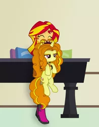 Size: 4589x5853 | Tagged: safe, artist:mit-boy, derpibooru import, adagio dazzle, sunset shimmer, ponified, pony, unicorn, equestria girls, absurd resolution, adagio is not amused, boots, cute, equestria girls ponified, eyes closed, happy, holding a pony, scrunchy face, shimmerbetes, shoes, unamused, vector