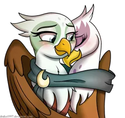 Size: 2014x1913 | Tagged: safe, artist:drako1997, derpibooru import, gilda, greta, gryphon, the lost treasure of griffonstone, blushing, clothes, eyes closed, female, grelda, image, lesbian, png, scarf, shared clothing, shared scarf, shipping, simple background, smiling, transparent background