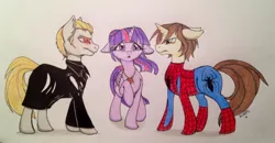 Size: 1024x531 | Tagged: safe, artist:ameliacostanza, derpibooru import, twilight sparkle, twilight sparkle (alicorn), ponified, alicorn, earth pony, pony, unicorn, albert wesker, crossover, crossover shipping, marvel vs capcom 3, necklace, peter parker, resident evil, ruby, spider-man, spiders and magic ii: eleven months, spiders and magic iii: days of friendship past, spiders and magic: capcom invasion, spiders and magic: rise of spider-mane, spidertwi, traditional art