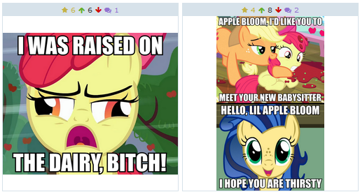 Size: 514x275 | Tagged: suggestive, derpibooru import, edit, edited screencap, screencap, apple bloom, applejack, oc, oc:milky way, pony, derpibooru, caption, derp, exploitable meme, female, image macro, juxtaposition, juxtaposition win, mare, meme, meta, vulgar