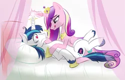 Size: 989x635 | Tagged: suggestive, artist:ta-na, derpibooru import, princess cadance, shining armor, :p, bed, bedroom eyes, eye contact, female, female on male, femdom, frown, heart eyes, imminent sex, licking lips, magic, male, malesub, messy mane, on back, shiningcadance, shipping, smiling, straight, submissive, tongue out, wide eyes, wingding eyes