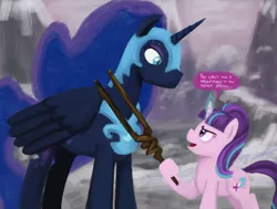 Size: 1280x969 | Tagged: safe, artist:unsavorydom, derpibooru import, nightmare moon, starlight glimmer, alicorn, pony, unicorn, hoof hold, magic, mlpgdraws, s5 starlight, staff, staff of sameness, this will end in death, this will end in pain, this will not end well, you can't have a nightmare if you never dream