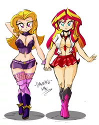 Size: 1051x1324 | Tagged: suggestive, artist:danmakuman, derpibooru import, adagio dazzle, sunset shimmer, equestria girls, belly button, boots, breasts, busty adagio dazzle, busty sunset shimmer, cleavage, clothes, collar, female, fishnets, holding hands, humanized, lesbian, midriff, necktie, open clothes, panties, shipping, skirt, sunsagio, underwear