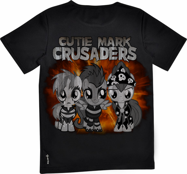 Size: 4842x4508 | Tagged: absurd resolution, apple bloom, clothes, cutie mark crusaders, derpibooru import, midnight riders, safe, scootaloo, show stopper outfits, sweetie belle, t-shirt