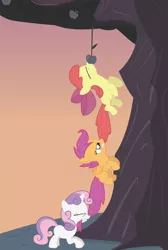 Size: 3358x5000 | Tagged: safe, derpibooru import, screencap, apple bloom, scootaloo, sweetie belle, family appreciation day, absurd resolution, apple, apple tree, biting, cropped, cutie mark crusaders, mouth hold, tail bite, tail pull, tree, zap apple tree