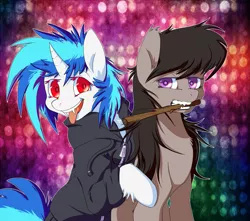 Size: 1727x1524 | Tagged: safe, artist:tobykitten, derpibooru import, octavia melody, vinyl scratch, hengstwolf, pony, unicorn, vampire, werewolf, chest fluff, clothes, curved horn, ear fluff, fangs, female, fluffy, hoof fluff, hooves, horn, leg fluff, looking at you, mare, open mouth, red eyes, smiling, stick, teeth, tongue out, vinyl the vampire