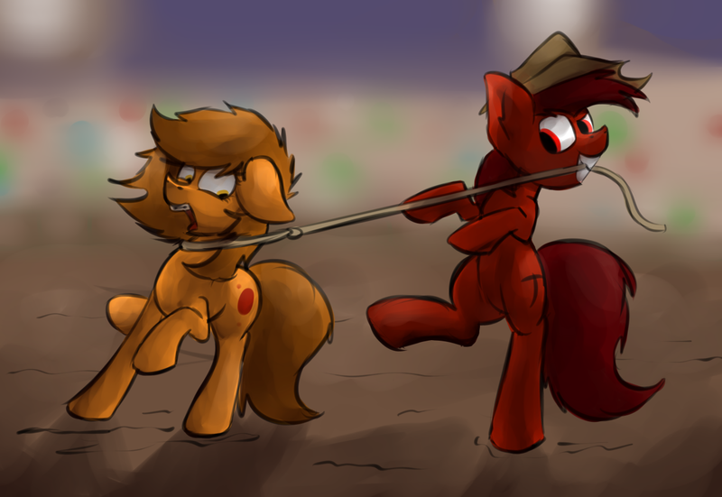 Size: 1280x881 | Tagged: artist:marsminer, cowboy, derpibooru import, lasso, marspring, oc, oc:mars miner, oc:venus spring, rodeo, safe, unofficial characters only