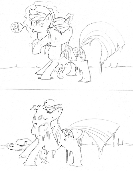 Size: 1526x1966 | Tagged: 2 panel comic, applejack, artist:avezola, belly, bubblegum, comic, derpibooru import, fetish, goo pony, monochrome, original species, preyjack, questionable, revenge, throat bulge, transformation, twilight sparkle, twipred, vore