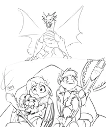 Size: 3000x3600 | Tagged: artist:valcron, charge blade, crossover, derpibooru import, dragon, elder dragon, fluttershy, high res, insect glaive, kinsect, kushala daora, monochrome, monster hunter, rainbow dash, safe, sketch, switch axe, weapon