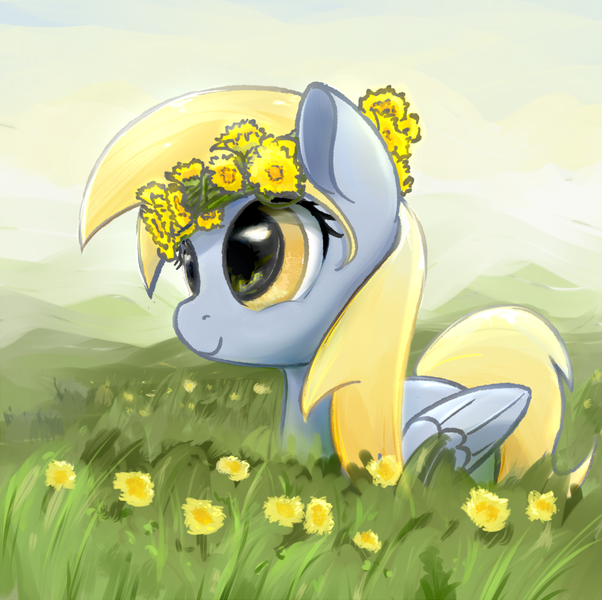 Size: 1000x997 | Tagged: safe, artist:scootiebloom, derpibooru import, derpy hooves, pegasus, pony, cute, dandelion, female, floral head wreath, flower, flower in hair, grass, mare, smiling, solo