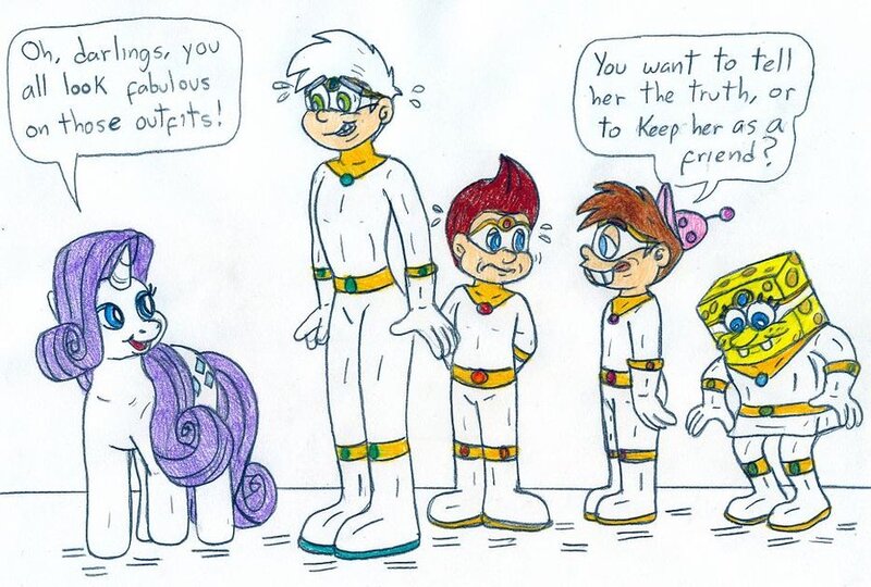 Size: 900x608 | Tagged: safe, artist:jose-ramiro, derpibooru import, rarity, pony, unicorn, crossover, danny phantom, female, image, jimmy neutron, jpeg, male, mare, nervous, nicktoons unite, pencil drawing, spongebob squarepants, spongebob squarepants (character), sweat, the fairly oddparents, timmy turner, traditional art